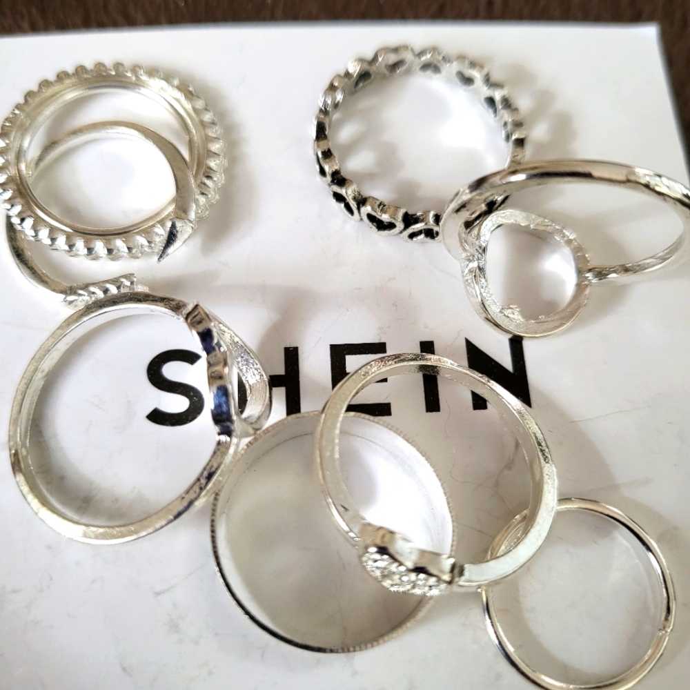 NEW Shein Set of 9 stacking silver  midi assorted sizes rings hearts and more💕